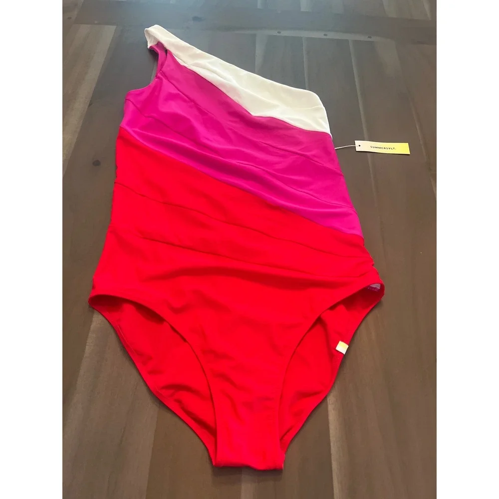 Summersalt The Sidestroke One Shoulder Swimsuit Colorblock Pink White Red 14LT